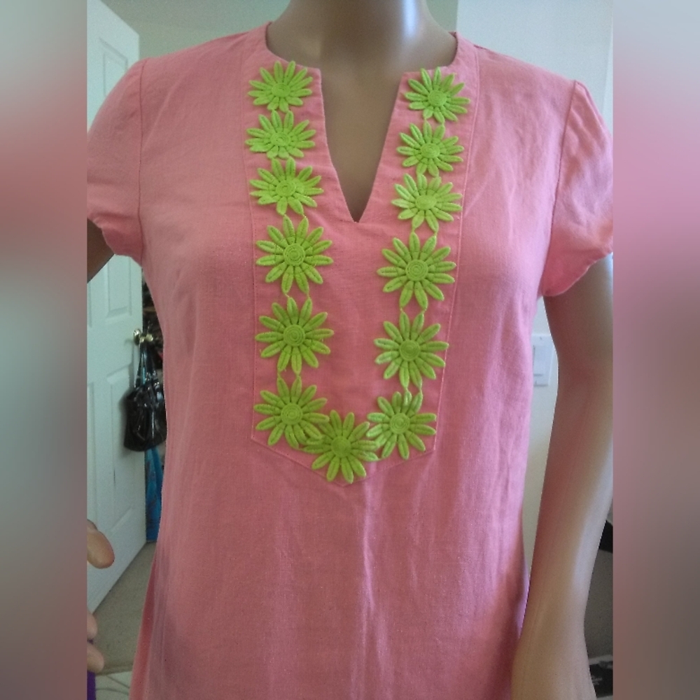 NWOT SAIL TO SABLE LINEN Pink Mini Dress Green Floral Embroidery Sz XS PTP 18-19 - Picture 7 of 8